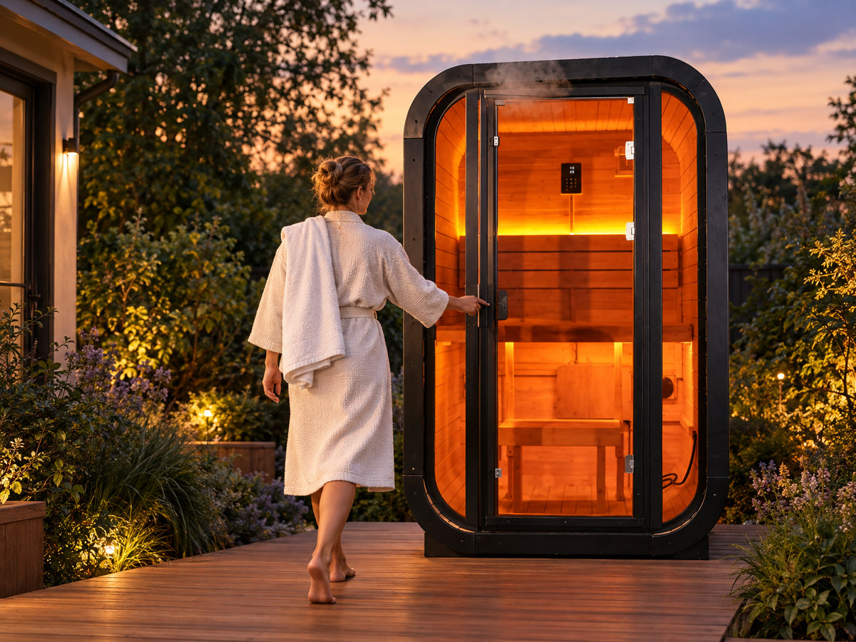 1-2 Person Outdoor Traditional Steam Sauna, woman walking barefoot across a wooden deck toward the sauna