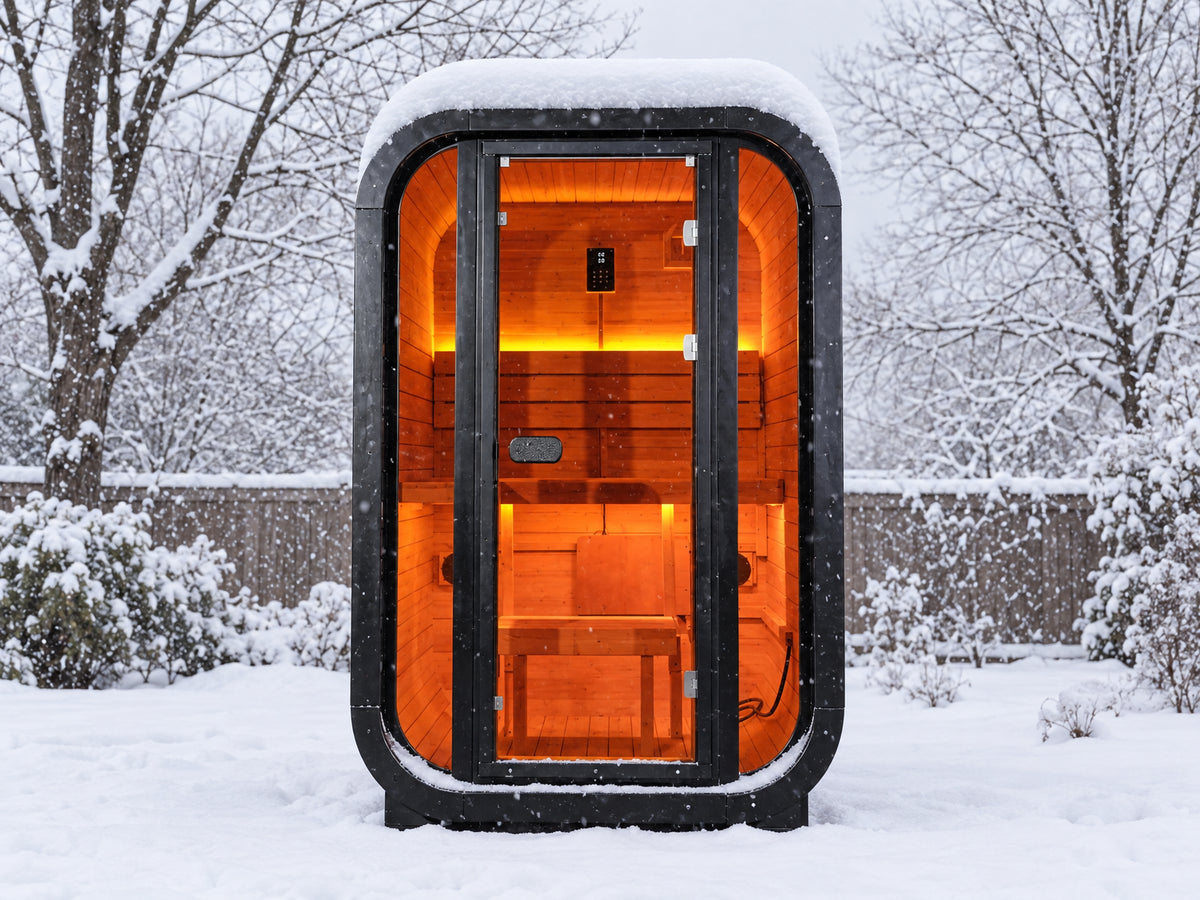 1-2 Person Outdoor Traditional Steam Sauna, sauna standing in the snow with no one present