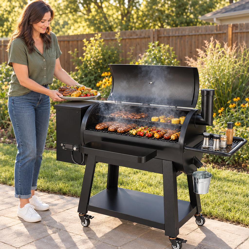 Portable Charcoal Grill Propane Gas Grills, woman setting a platter of just-grilled food on the side shelf