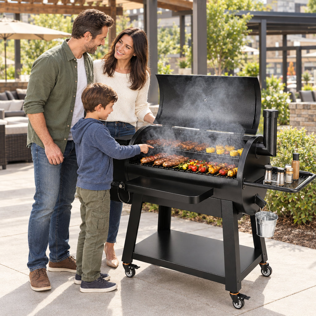 Portable Charcoal Grill Propane Gas Grills, couple and a child standing together beside the grill