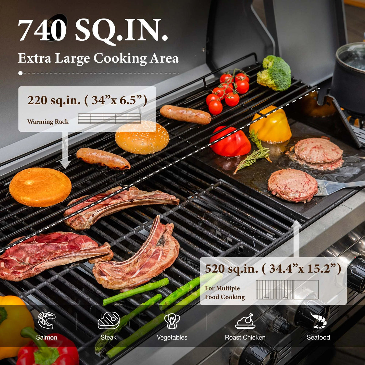 6 Burner Propane Gas Grill and Griddle Combo with Side Burner 740 Sq. In. Large Cooking Area 52,000 but Output BBQ Grill