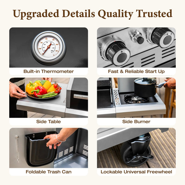 6 Burner Propane Gas Grill and Griddle Combo with Side Burner 740 Sq. In. Large Cooking Area 52,000 but Output BBQ Grill