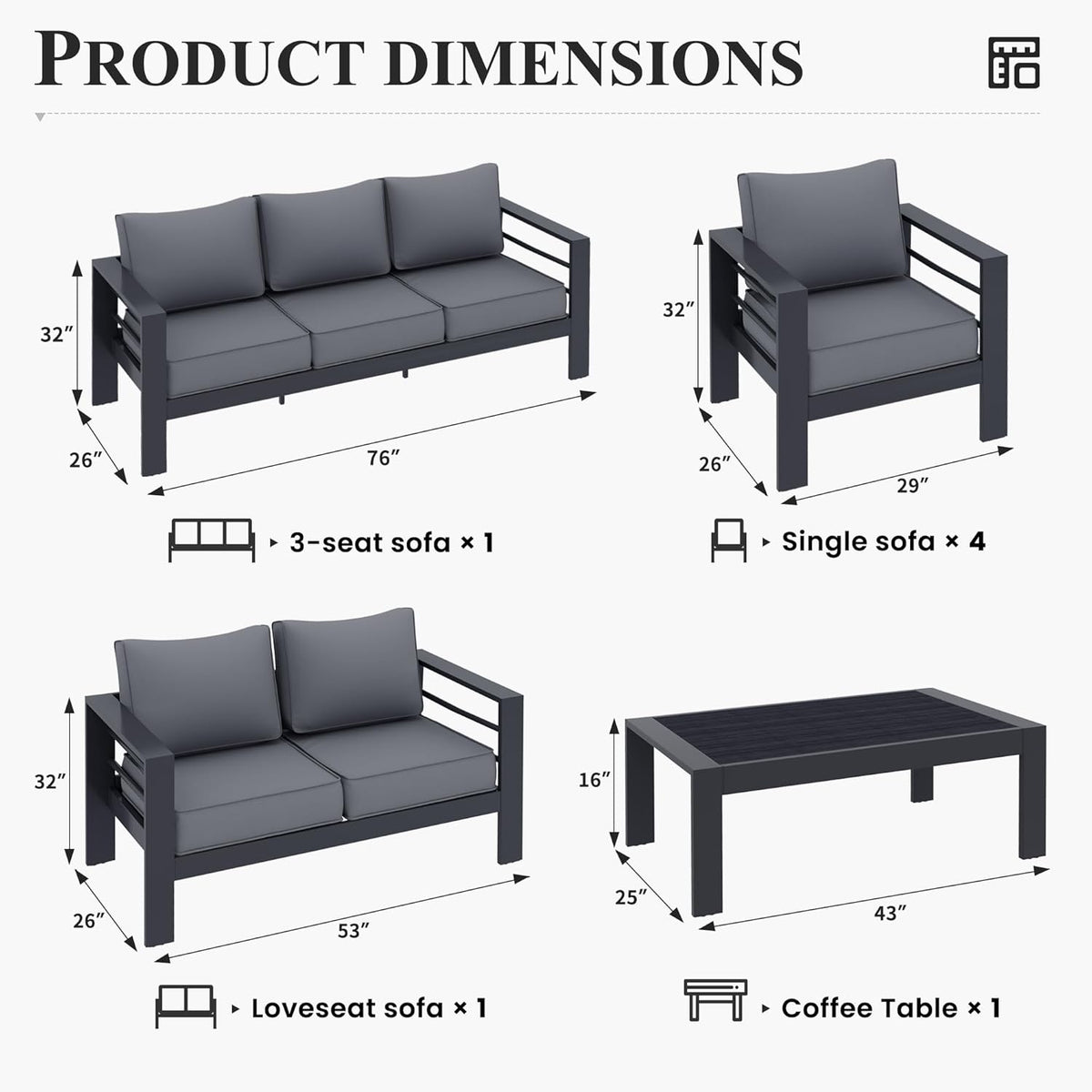 Aluminum Patio Furniture Set, 7 Piece Metal Outdoor Set, Patio Furniture Set with Waterproof Covers for Backyard Garden（Grey）