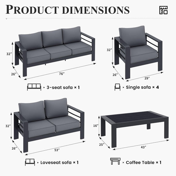 Aluminum Patio Furniture Set, 7 Piece Metal Outdoor Set, Patio Furniture Set with Waterproof Covers for Backyard Garden（Grey）
