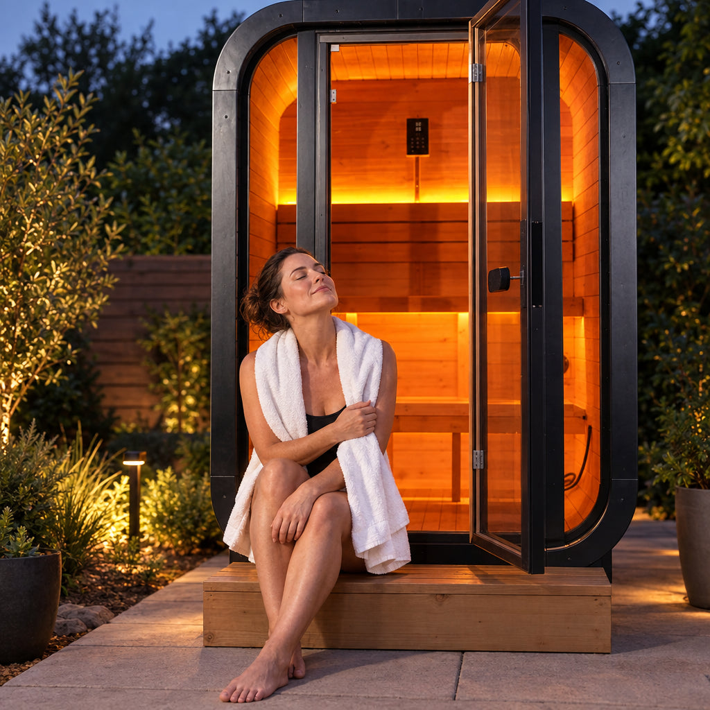 1-2 Person Outdoor Traditional Steam Sauna, woman sitting on the exterior step of the sauna doorway, eyes closed