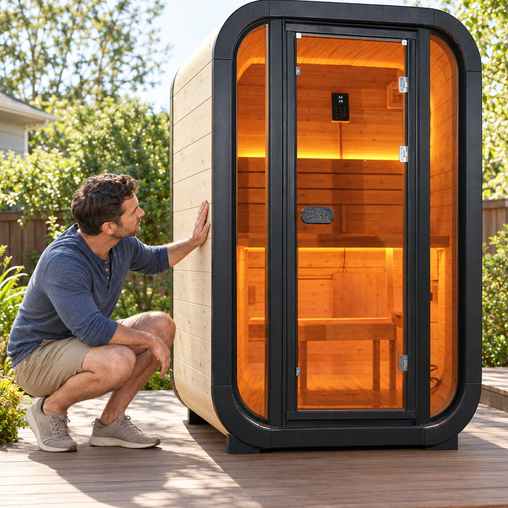 1-2 Person Outdoor Traditional Steam Sauna, man crouching beside the sauna exterior