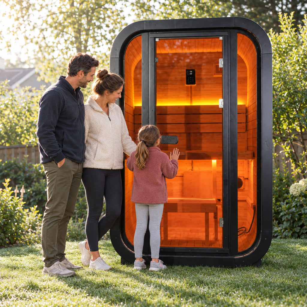 1-2 Person Outdoor Traditional Steam Sauna, couple and a young child standing together in front of the sauna