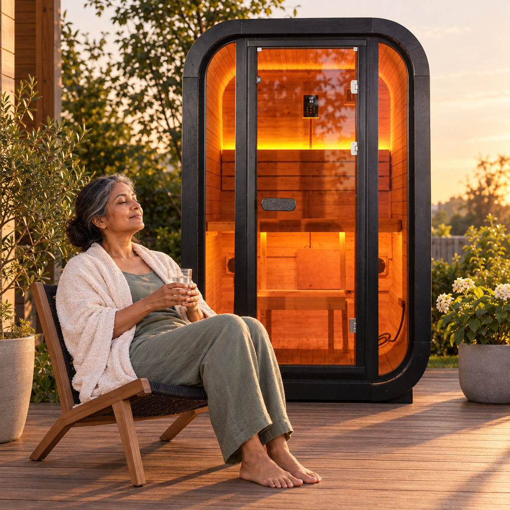 1-2 Person Outdoor Traditional Steam Sauna, woman seated in a low outdoor chair beside the sauna, feet flat on the deck