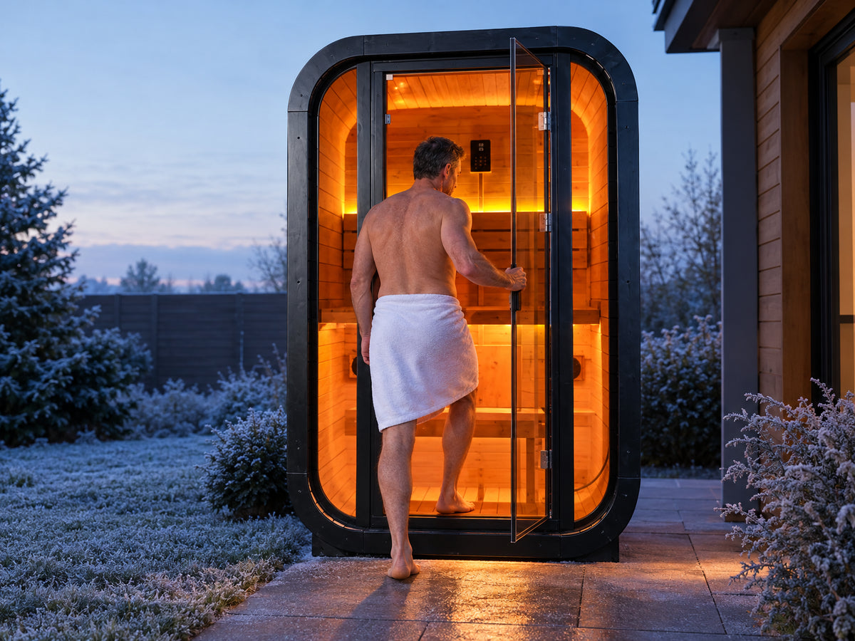 1-2 Person Outdoor Traditional Steam Sauna, man in a towel pulling open the glass door of the sauna