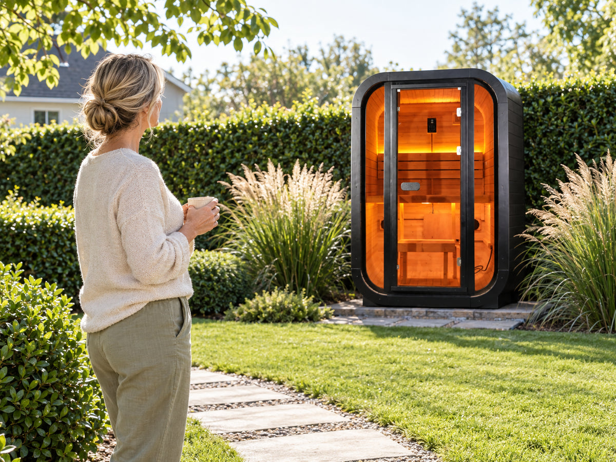 1-2 Person Outdoor Traditional Steam Sauna, woman standing on a garden path with a coffee mug