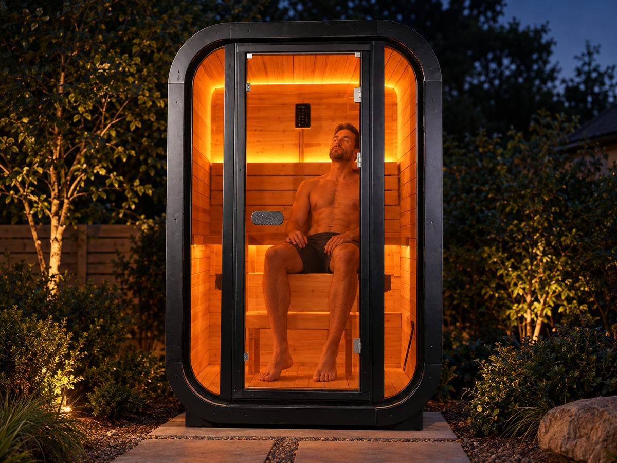 1-2 Person Outdoor Traditional Steam Sauna, man leaning back on the interior bench, eyes closed, hands resting on knees