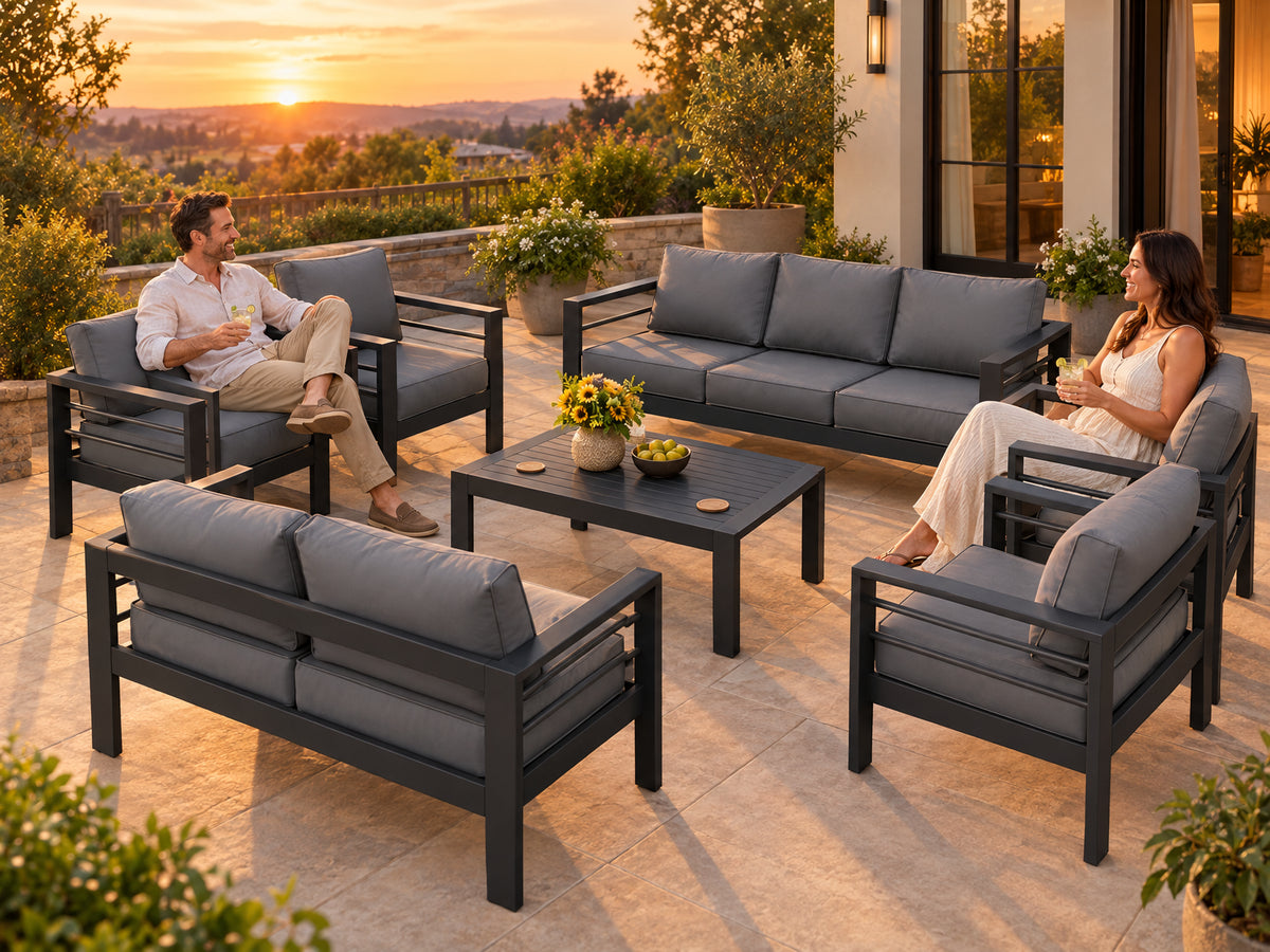 Aluminum Patio Furniture Set, couple relaxing with drinks, furniture fully arranged and ready