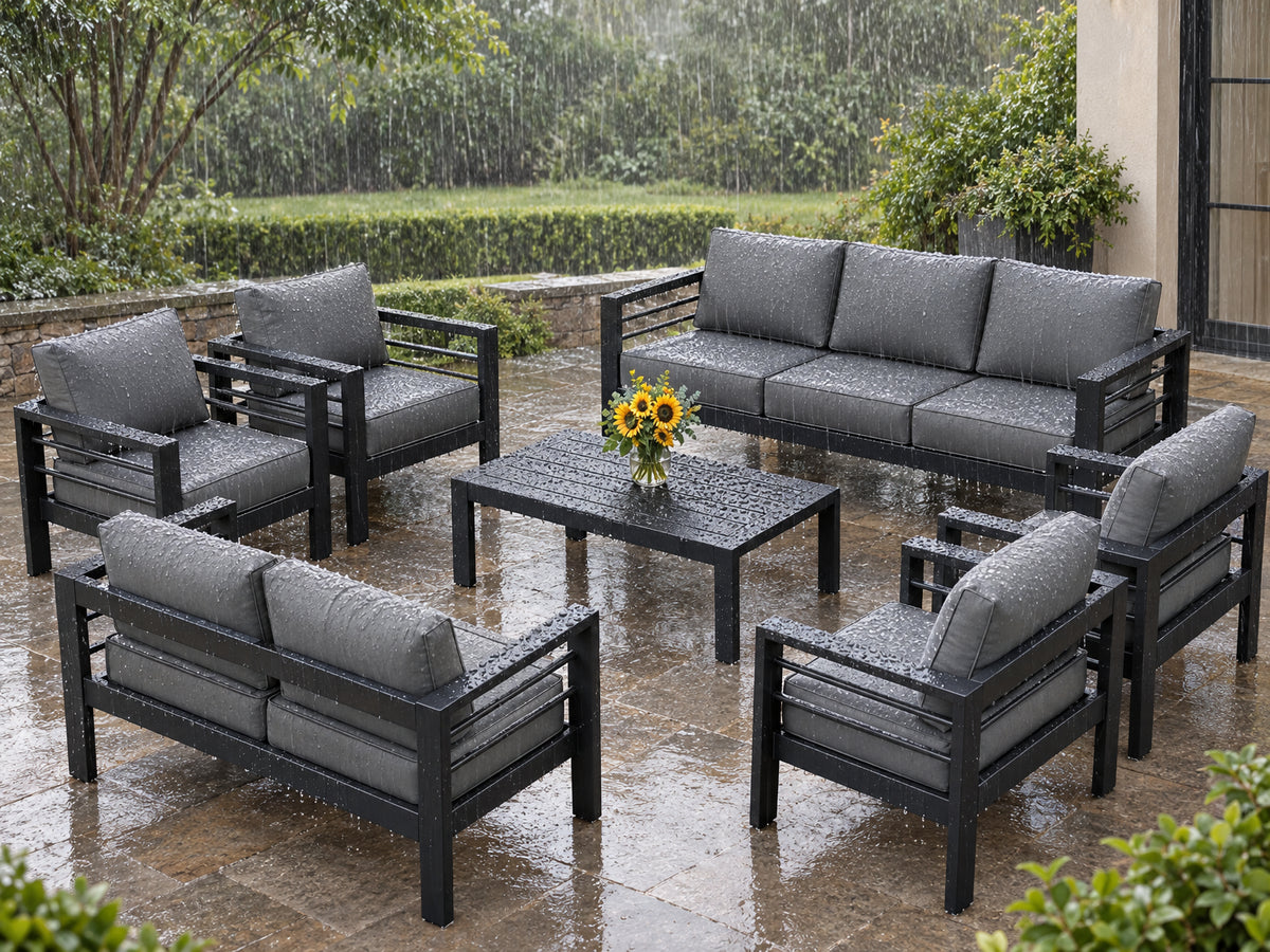 Aluminum Patio Furniture Set, rain falling on the dry, intact aluminum chairs and table