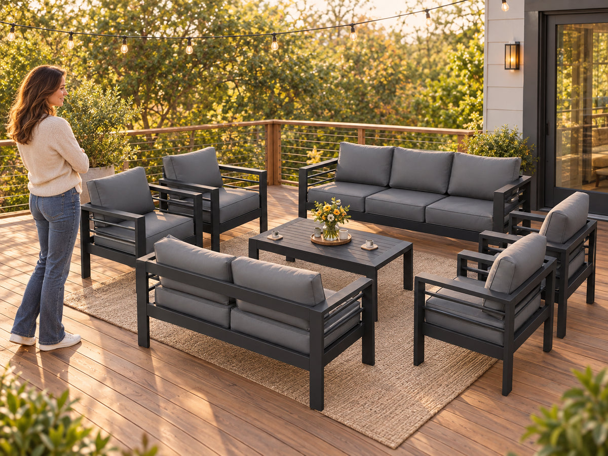 Aluminum Patio Furniture Set, woman stepping back to admire the fully arranged set