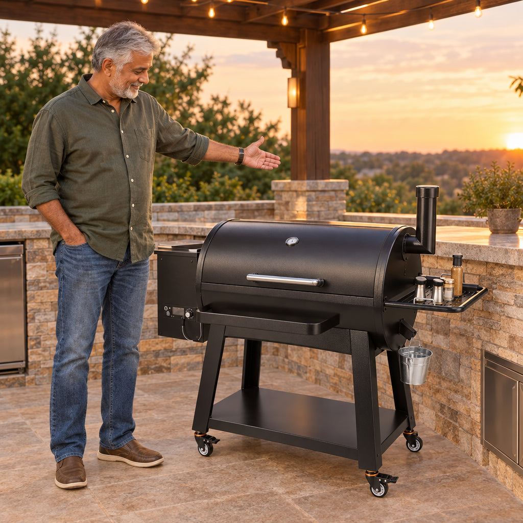 Portable Charcoal Grill Propane Gas Grills, man standing beside the grill on a patio