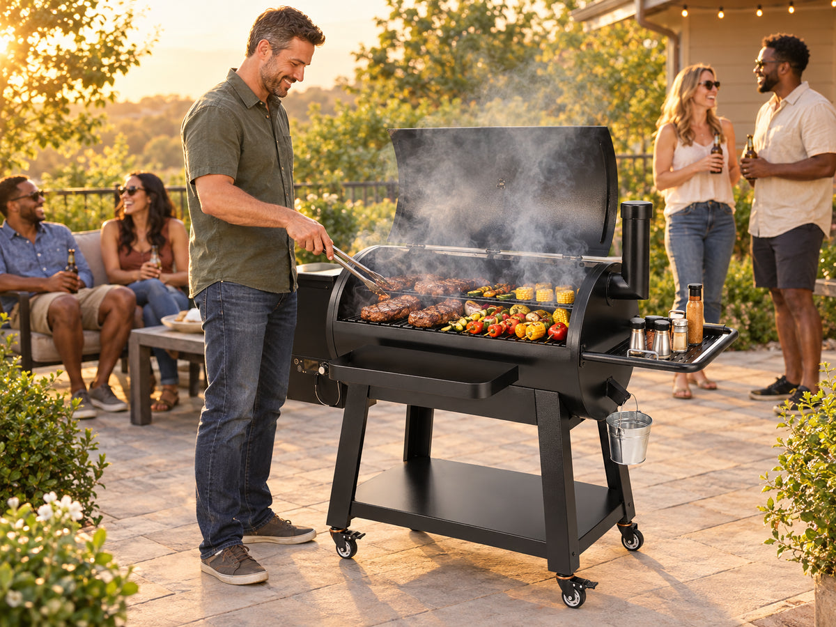 Portable Charcoal Grill Propane Gas Grills, standing confidently at the grill, tongs in hand, turning thick steaks