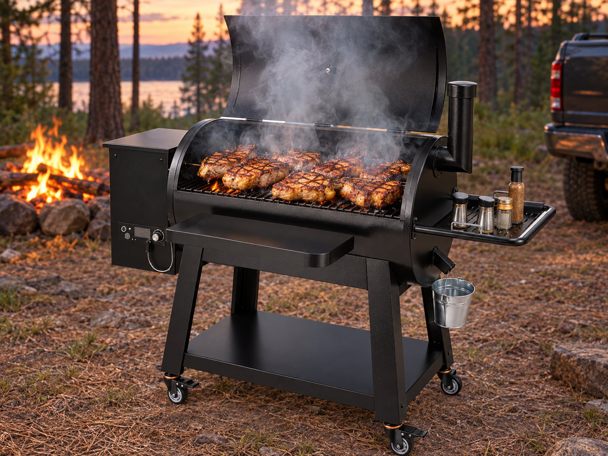 Portable Charcoal Grill Propane Gas Grills, thick pork chops pressed onto grates, visible sear marks forming