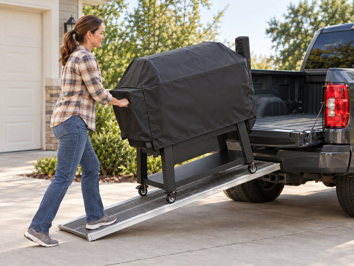 Portable Charcoal Grill Propane Gas Grills, woman rolling the grill on its cart up a truck ramp, cover snapped on